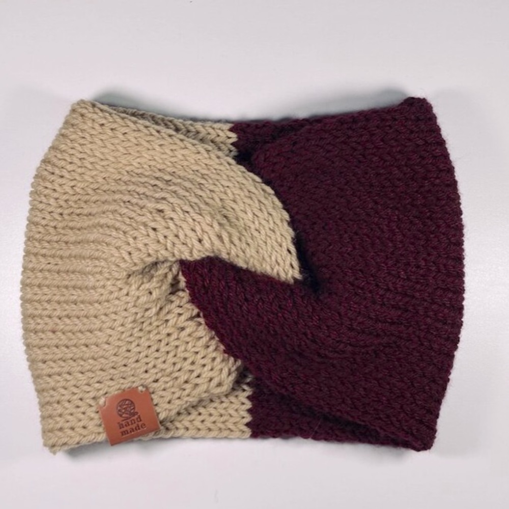 Homemade maroon and tan twist headband